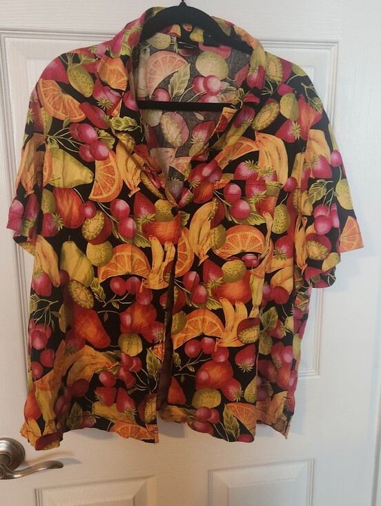 Erika Tops - Erika Fruit Print Blouse in Black, Yellow, Pink 1X